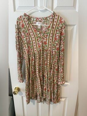 Japna Floral Long-Sleeve Tiered Dress in Cream and Green